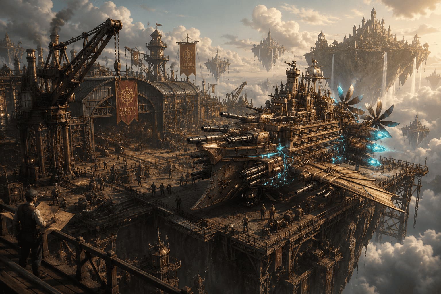Arsenale steampunk con nave in costruzione